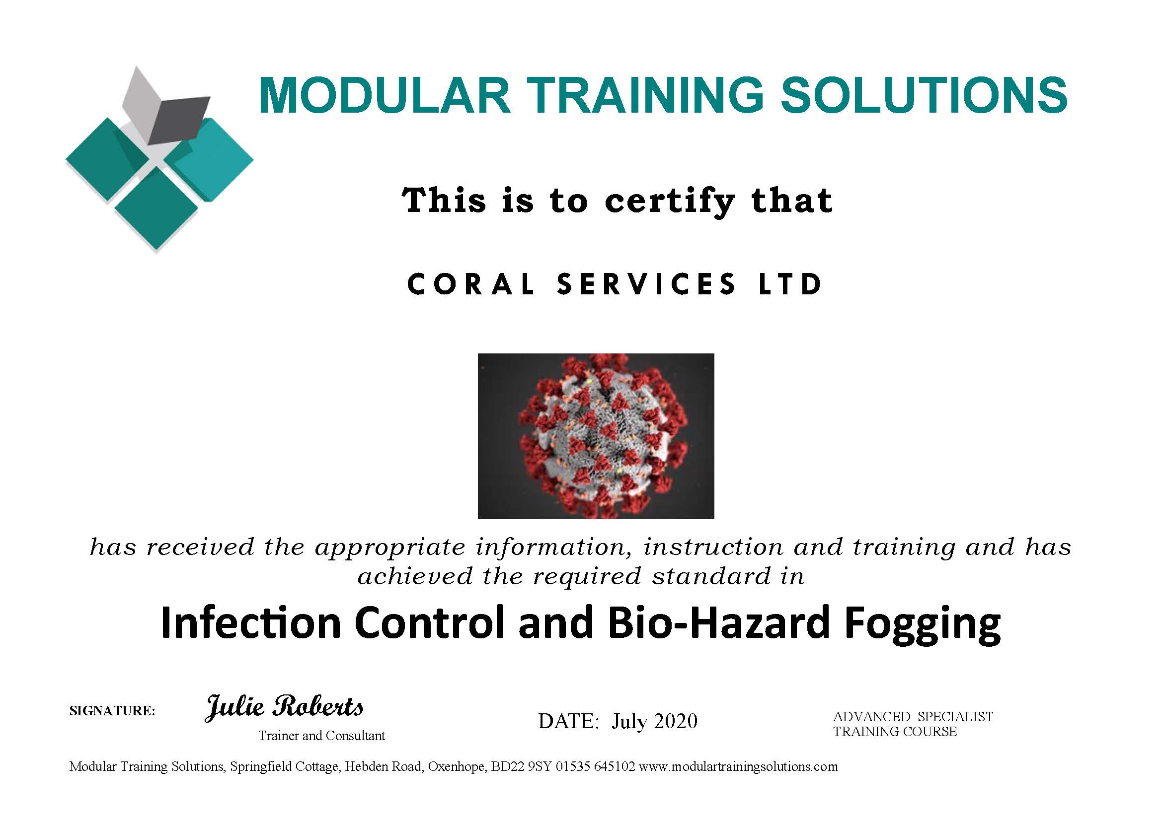 Disinfection Control and Bio-Hazard Fogging Certificate